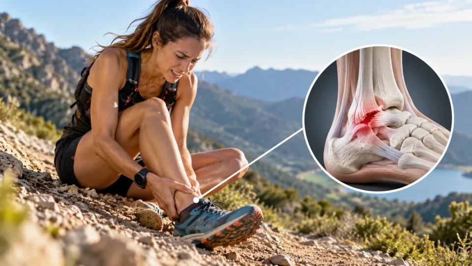 Senderista sujetándose el tobillo dolorido en un camino de montaña, con detalle anatómico de los ligamentos lesionados.