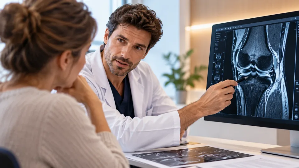 Médico explica a una paciente las imágenes de una resonancia de rodilla en un monitor.